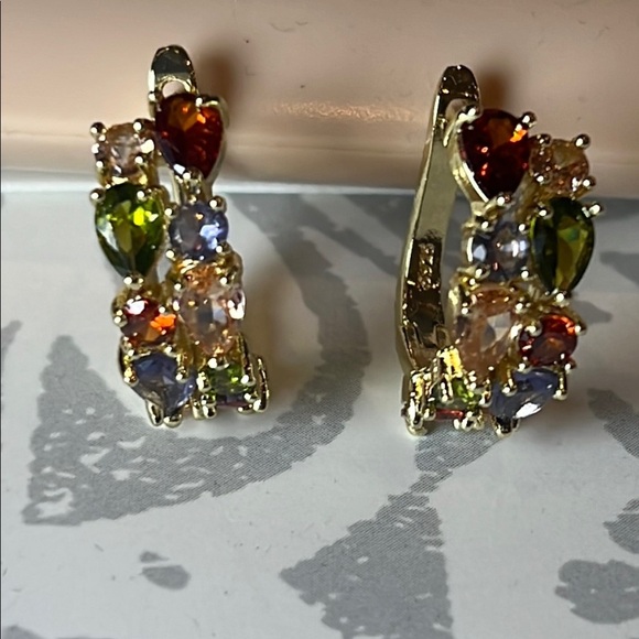 NWOT Gold and Red Rhinestone Half-Hoop Earrings - Picture 1 of 10